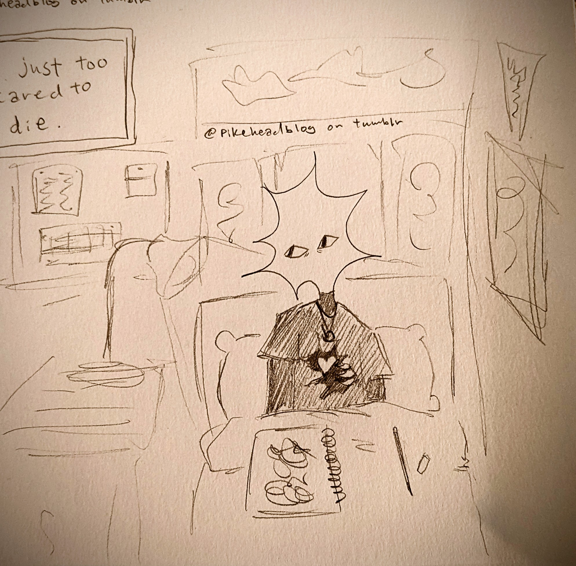A person sitting in a bed with a notebook and pencil before them. Their head is censored with a bright light and only their two eyes are visible.